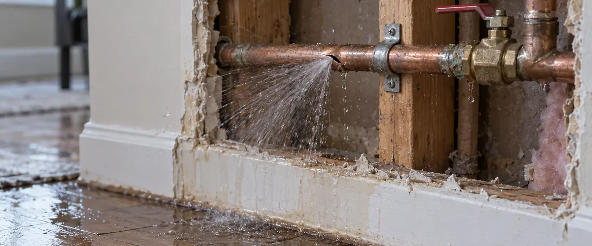 Water spraying from a split copper pipe inside an opened wall onto a wet floor
