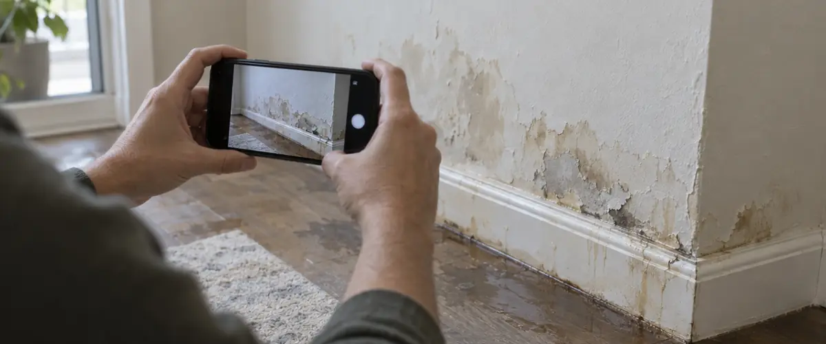 A homeowner photographing water damage along a baseboard with a phone