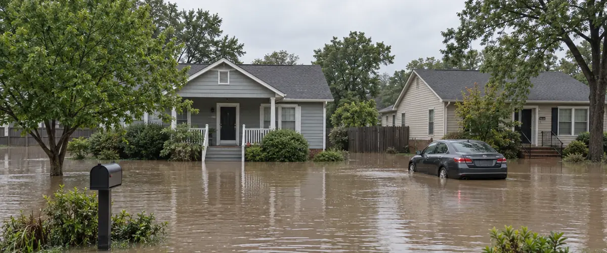 Brown floodwater covering a suburban street and front yards, up to the front steps of two houses