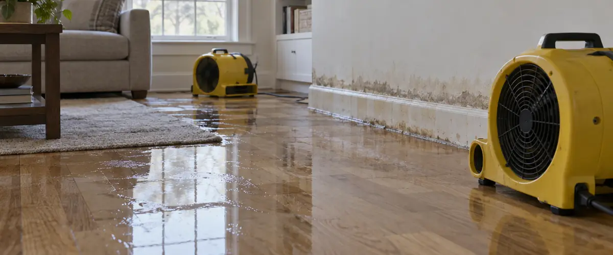 A wet hardwood floor in a living room with yellow air movers drying it